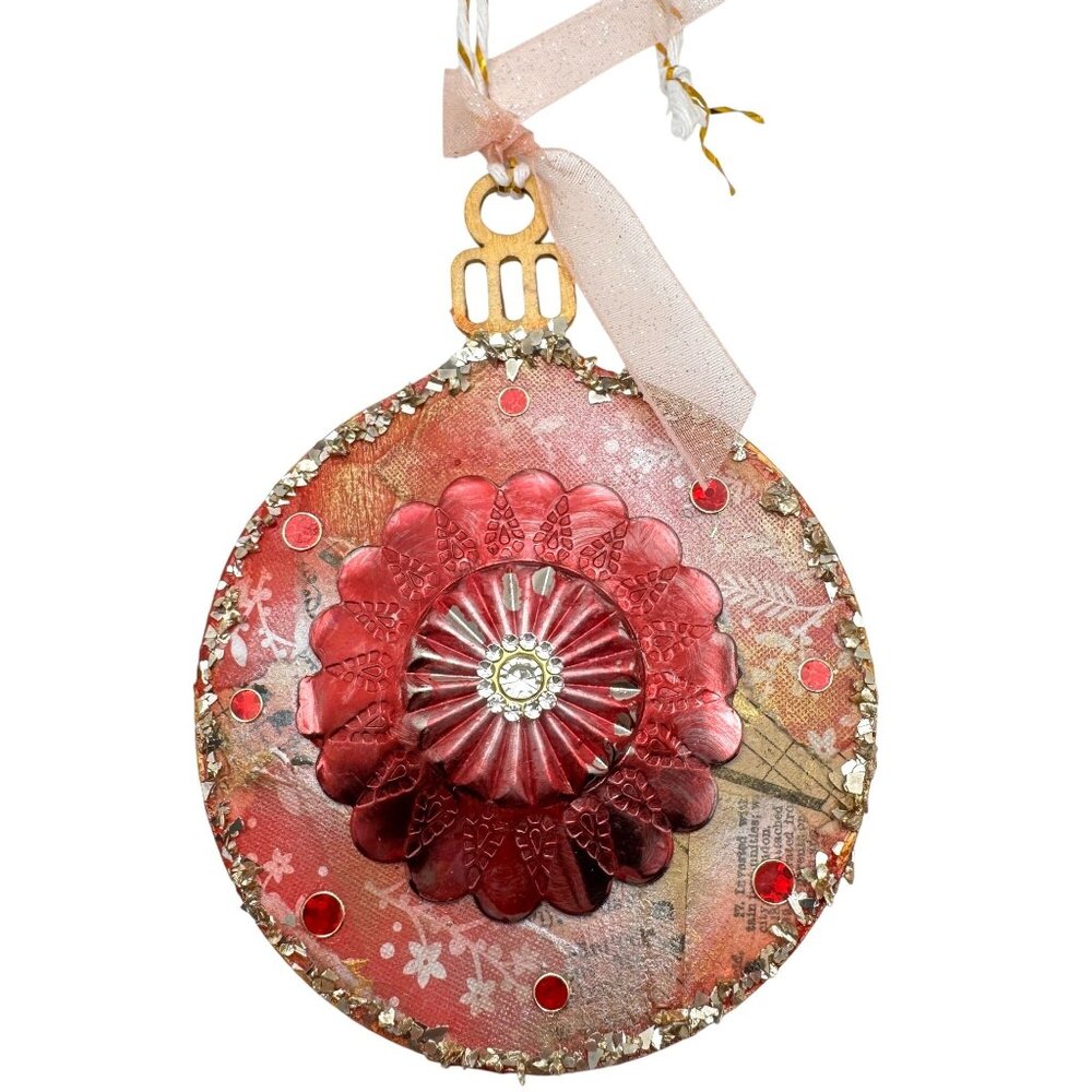 Handcrafted OOAK Red Medallion Ornament With Collage Design Floral Embellishment